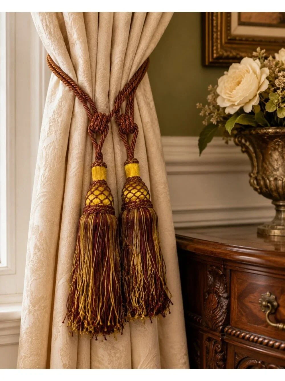 Vintage Decorative Curtain Tiebacks Double Tassel Rope Tie Backs Gold Burgundy 2